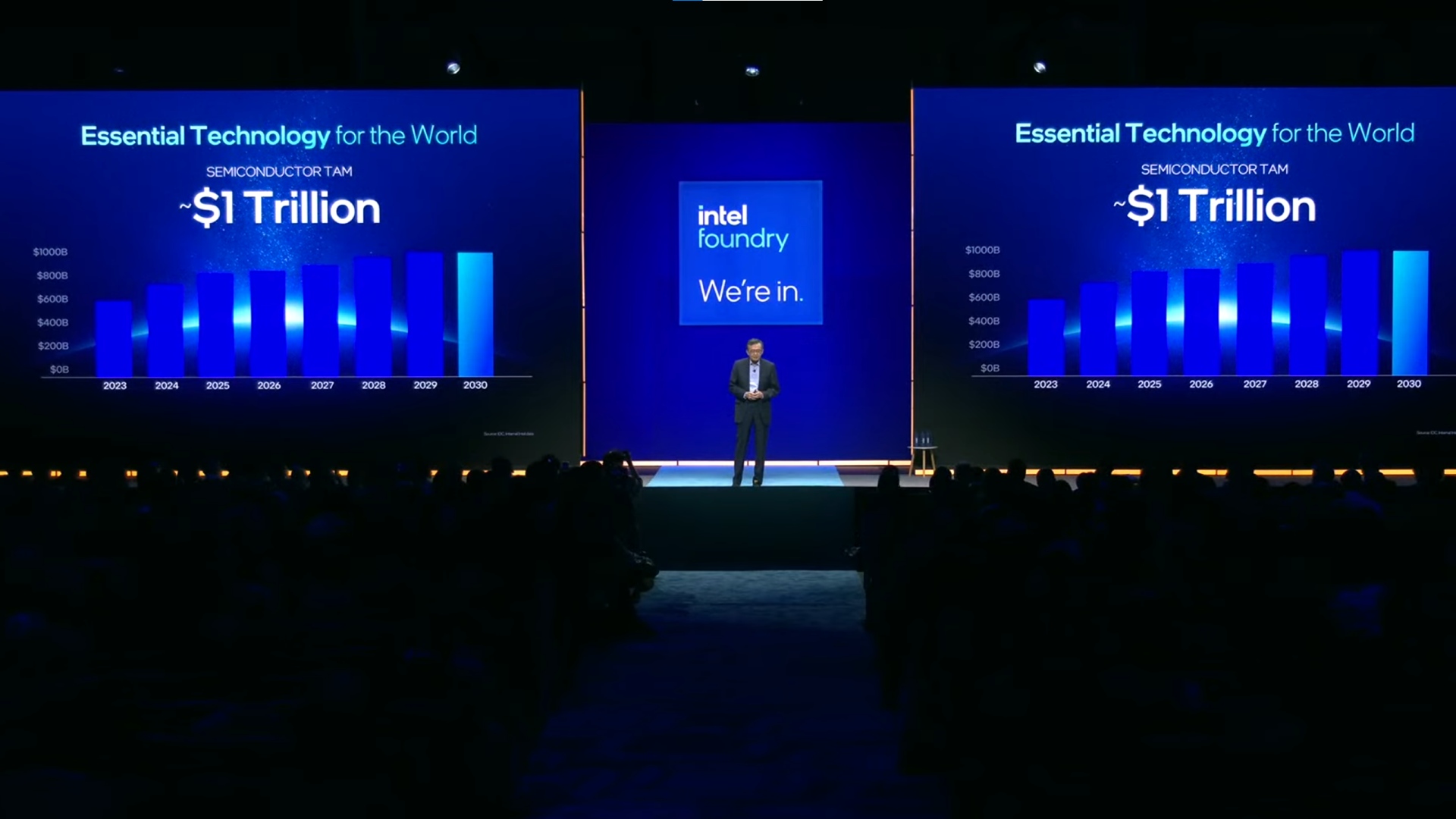 Intel CEO Lip-Bu Tan on stage during Intel Direct Connect 2025 keynote speech
