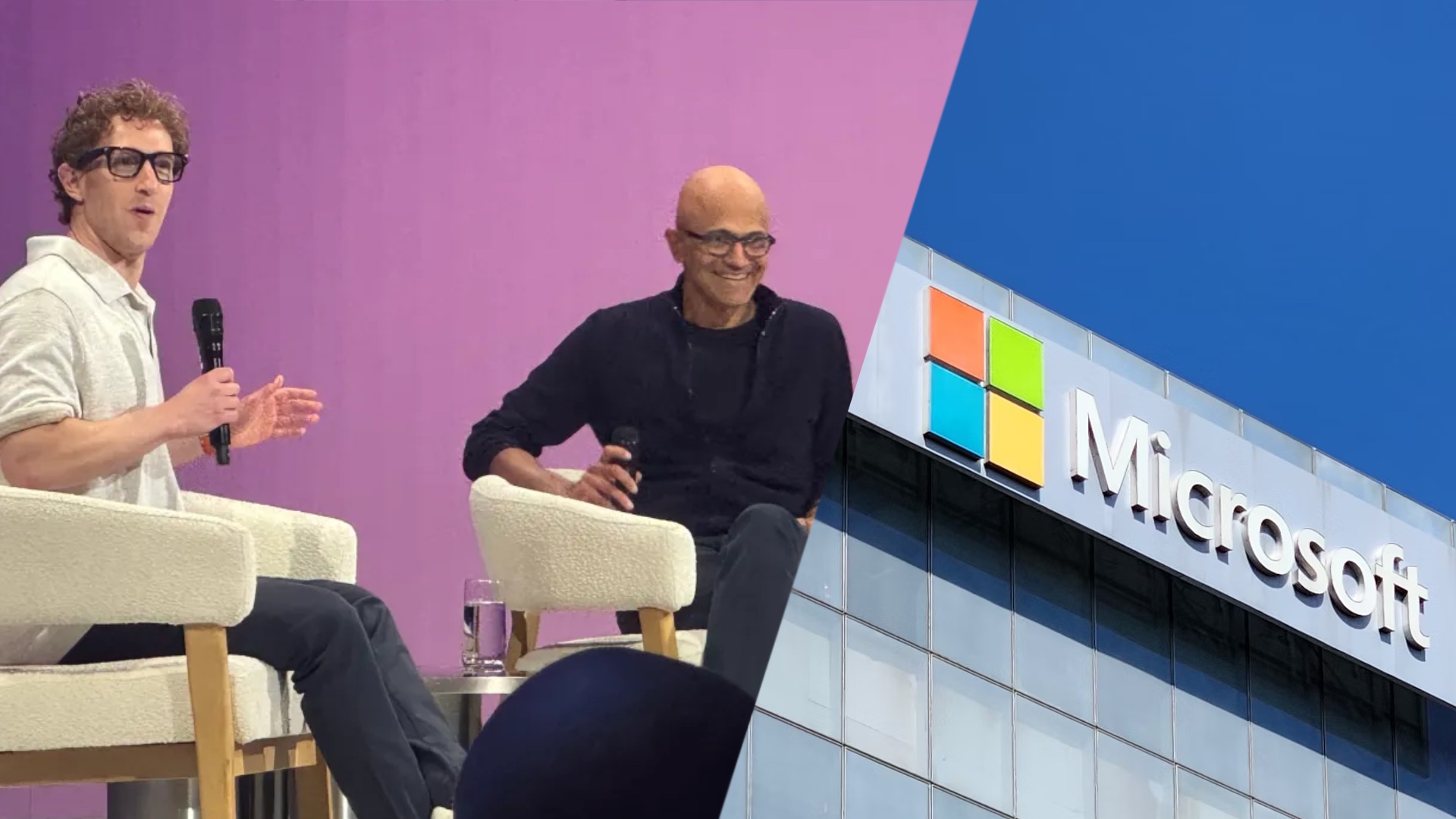 Microsoft CEO Satya Nadella with Meta CEO Mark Zuckerberg & Microsoft logo splitscreen