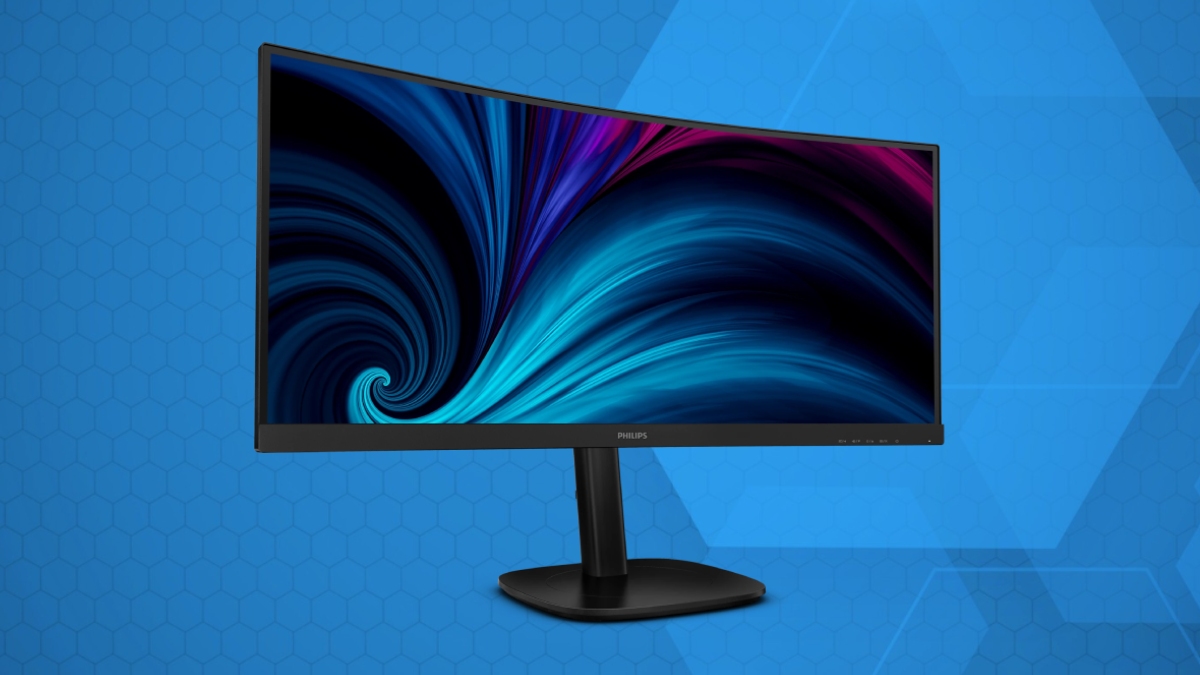 Philips 34B2U3600C ultrawide monitor on blue background