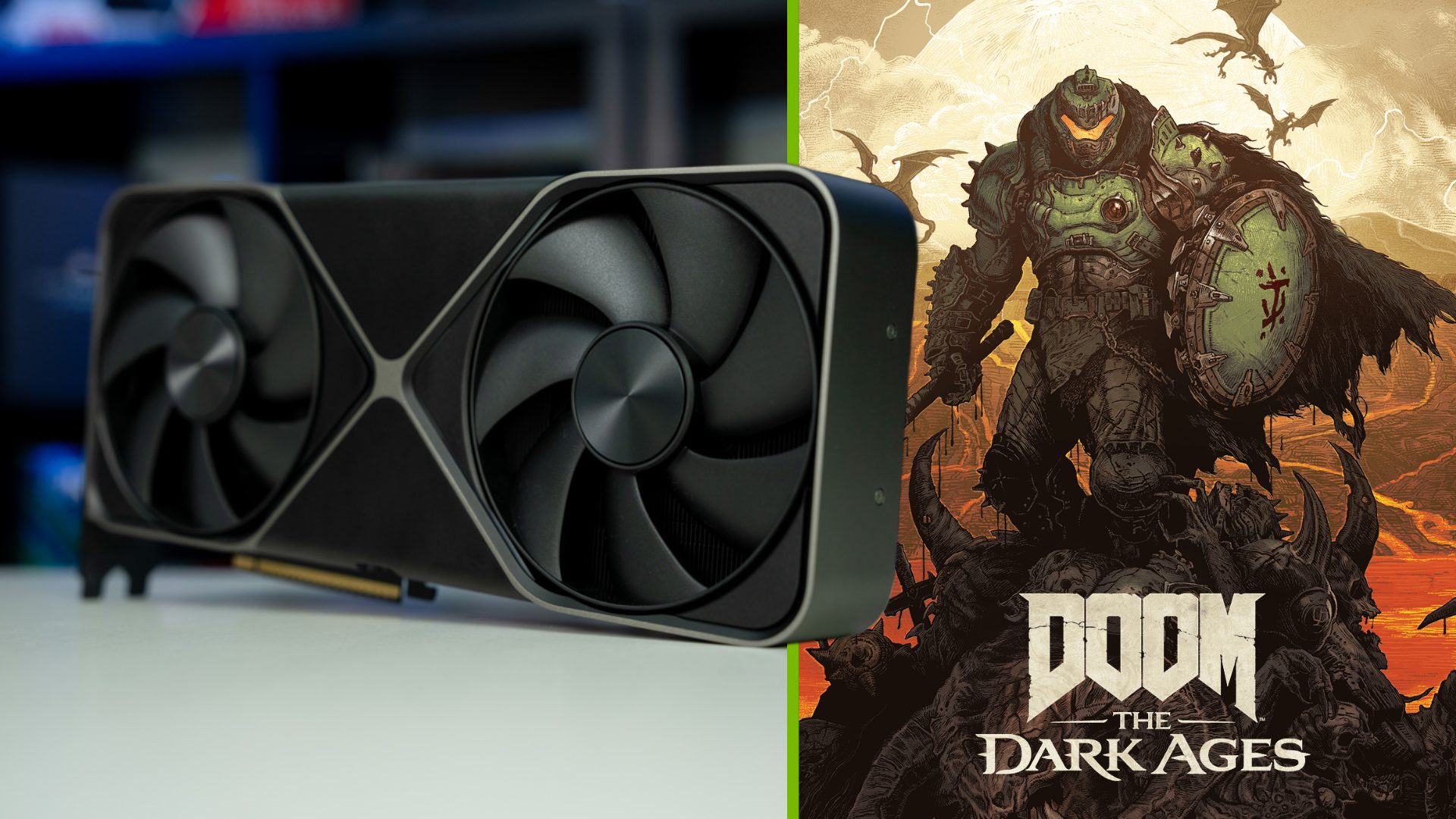 RTX 5080 Founders Edition graphics card with Doom: The Dark Ages splitscreen