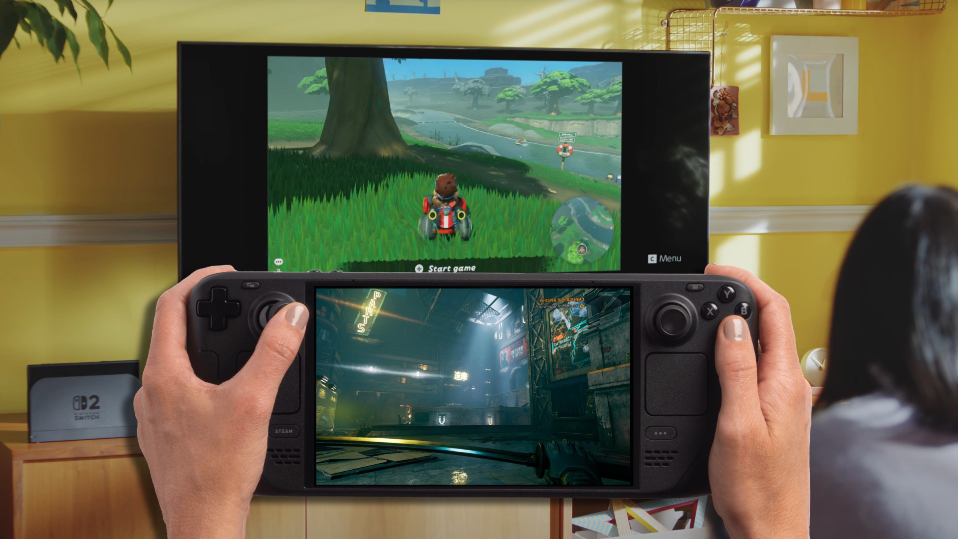 Nintendo Switch 2 GameChat feature with Steam Deck handheld in foreground