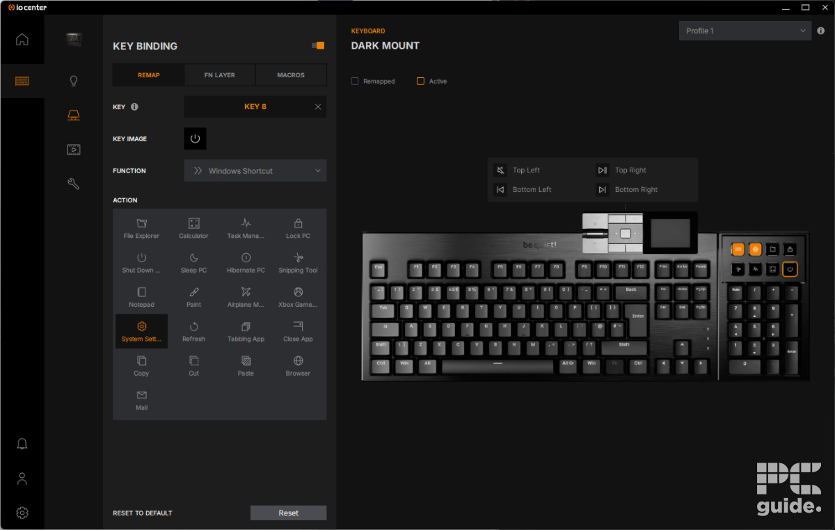be quiet! Dark Mount IO Center key binding, Image by PC Guide