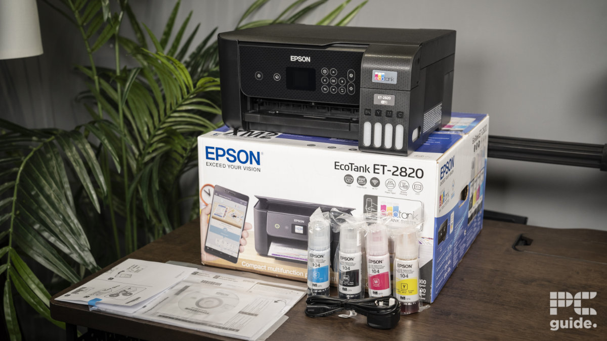 Epson EcoTank ET-2820 printer and contents, Image by PC Guide