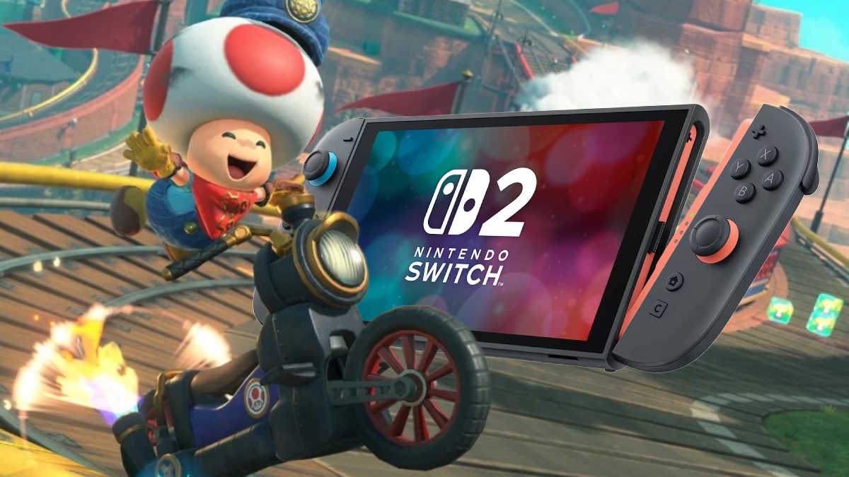 Mario Kart World screenshot with Toad on bike with Nintendo Switch 2