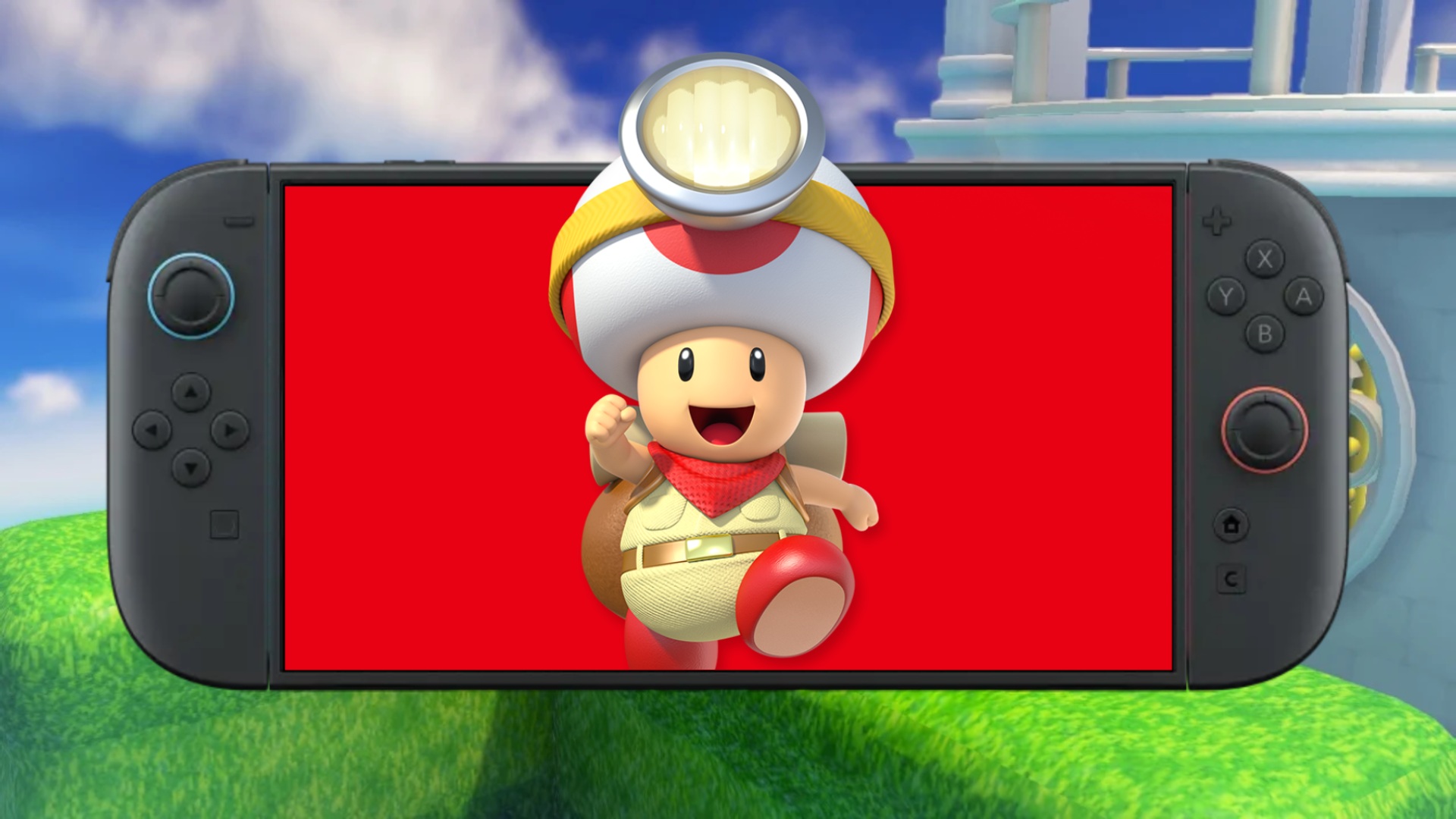 Captain Toad on Nintendo Switch 2 with red backdrop