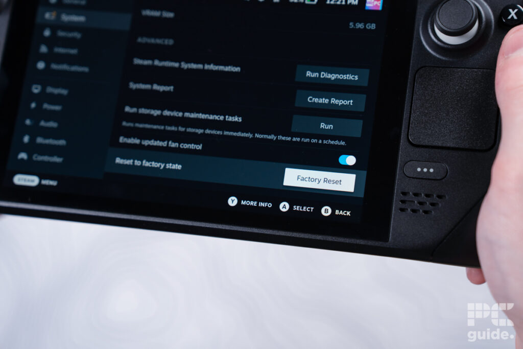 Photo of a steam deck on the factory reset page