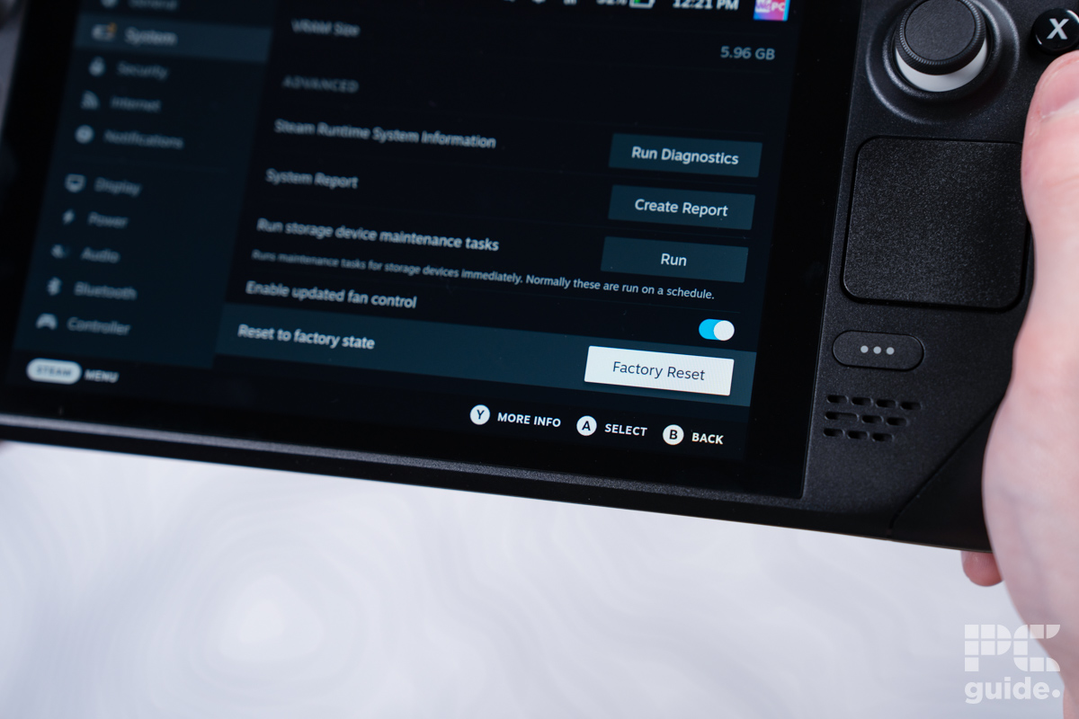 Photo of a steam deck on the factory reset page