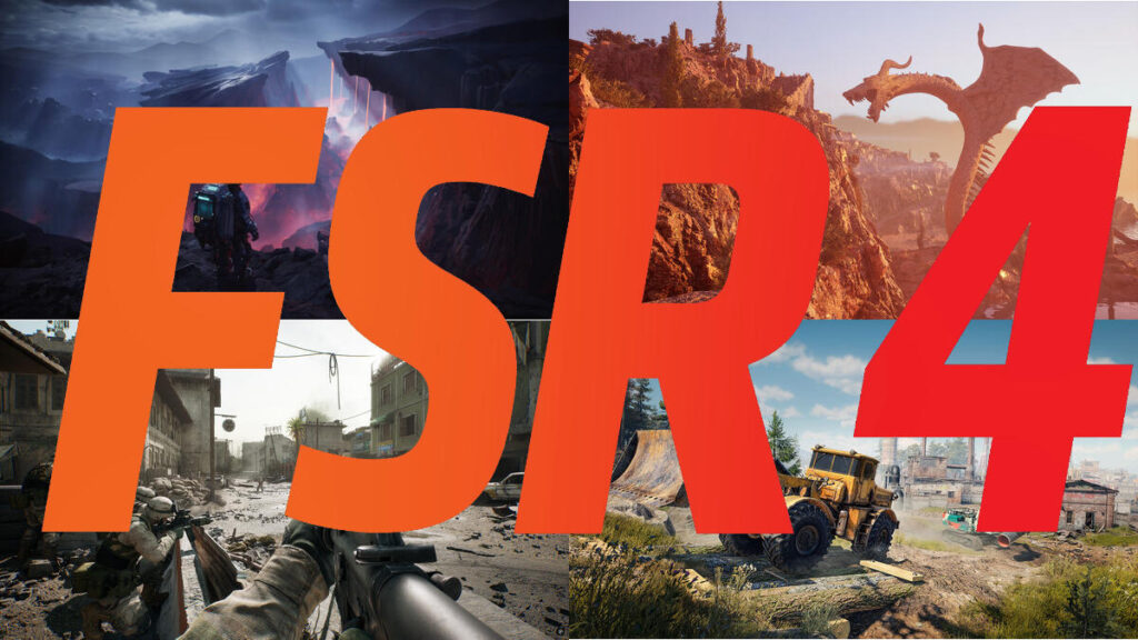 Screenshots of four games (The Alters, Delta Force, Dragonkin: The Banished, and RoadCraft) and FSR 4 across them