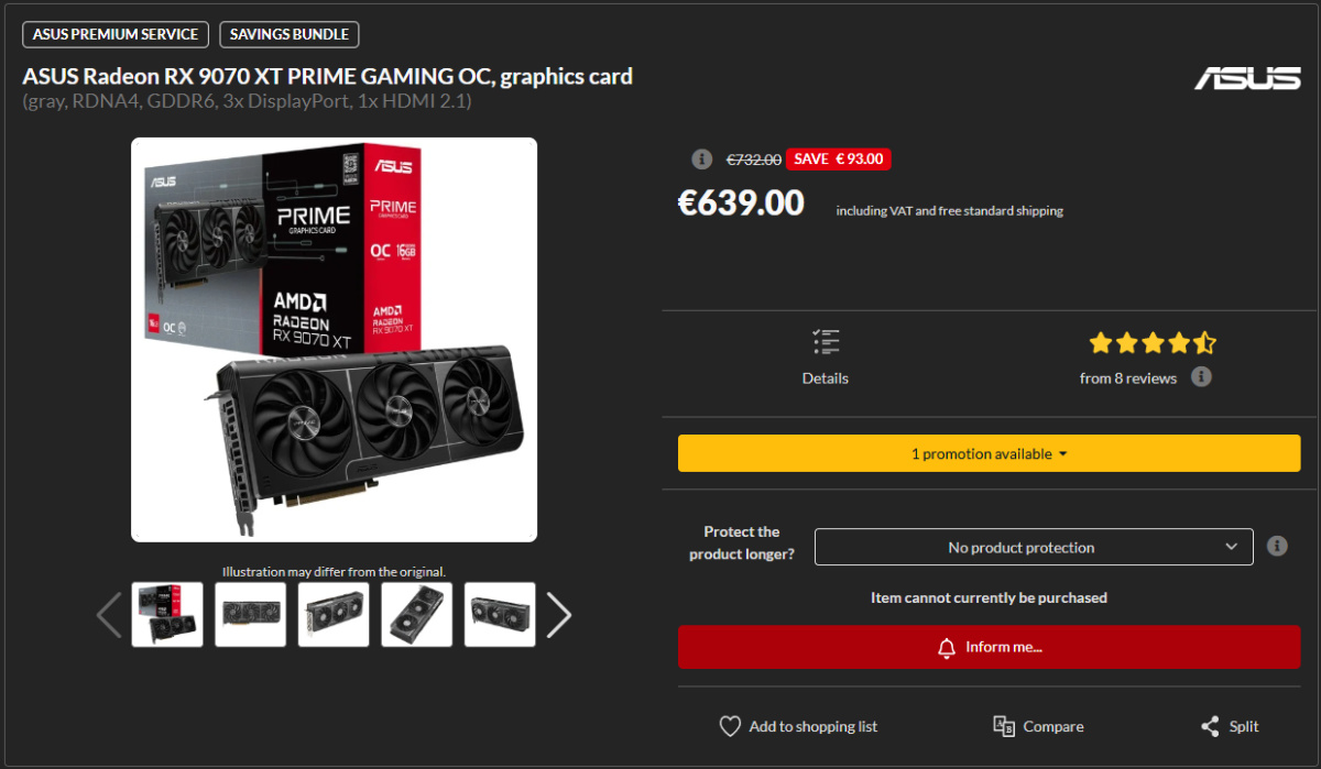 ASUS Prime RX 9070 XT Prime Gaming OC price cut, Source Alternate