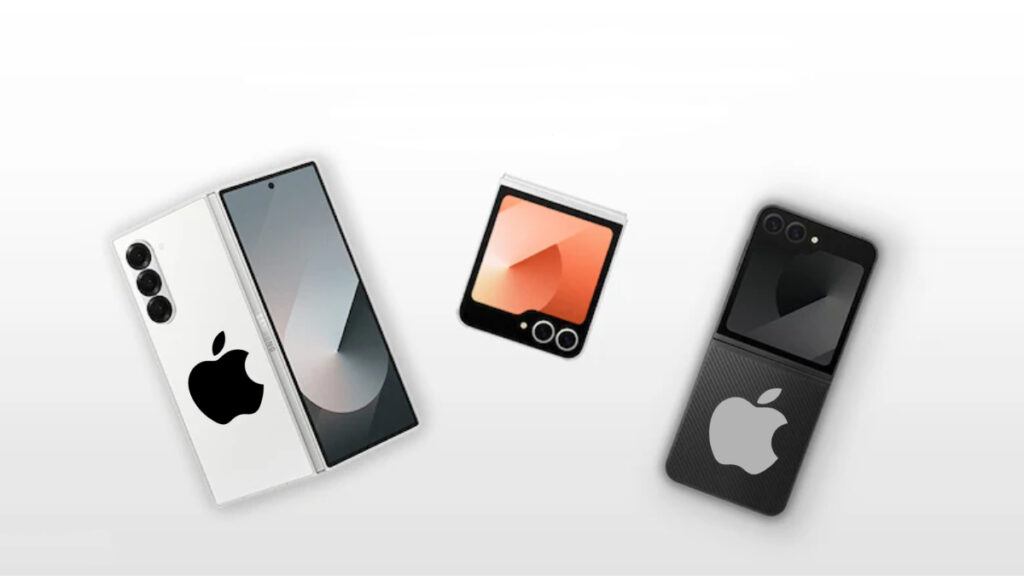 A white background with the Samsung Flip and Fold in the foreground with the Apple logo on them