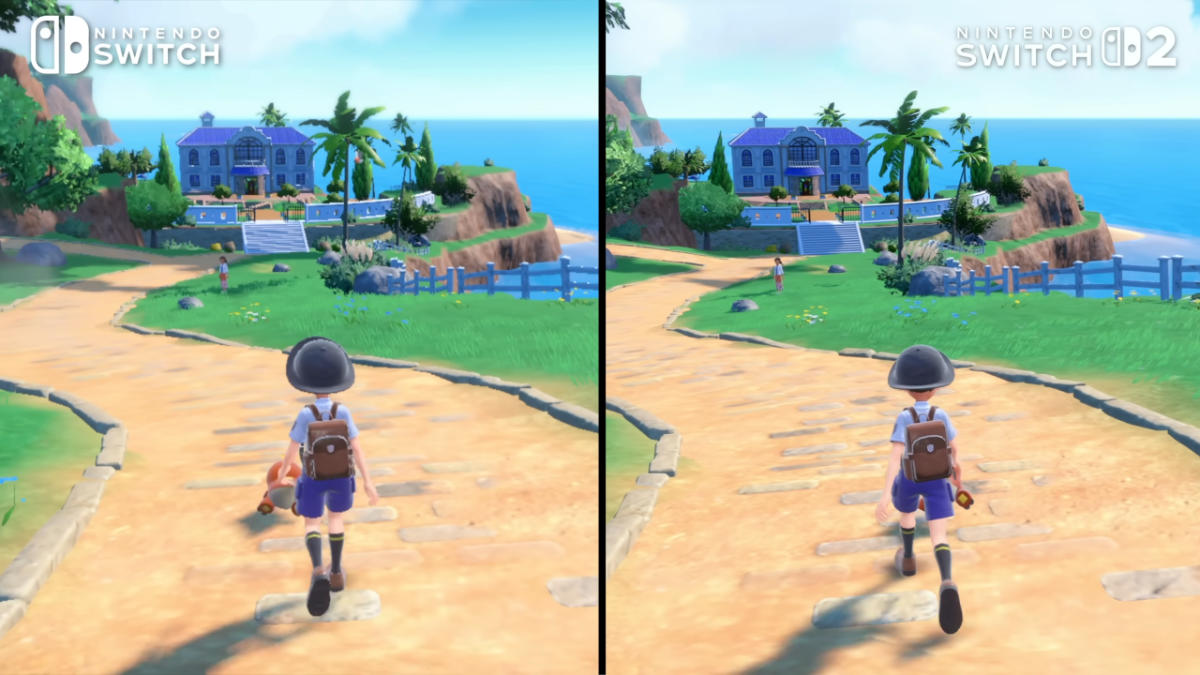 A comparative screenshot of Pokemon between Nintendo Swithch and Switch 2. Showing the quality differences between the two wth the charcter walking down a street