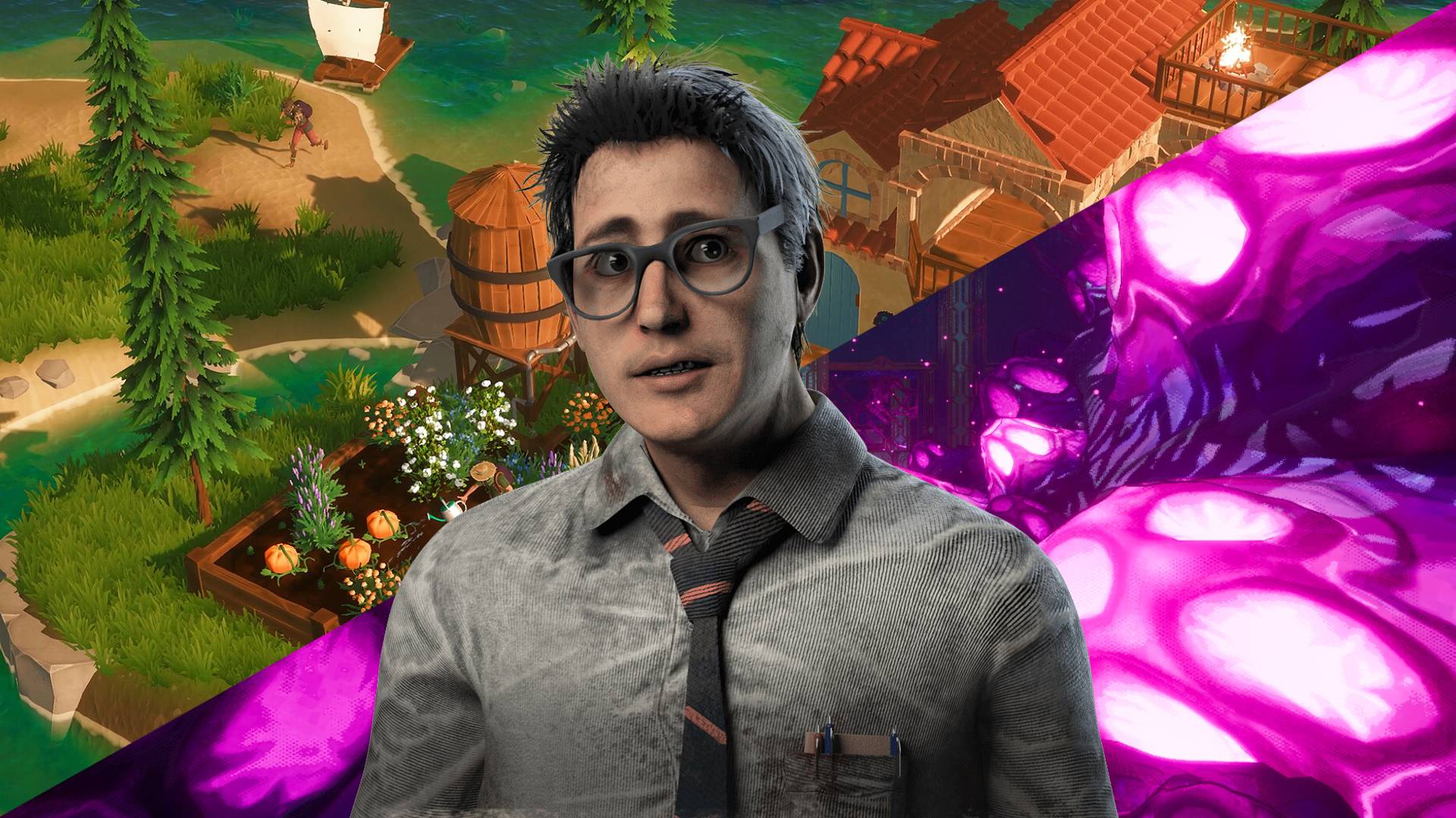 Dead by Daylight Dwight with splitscreen backdrop