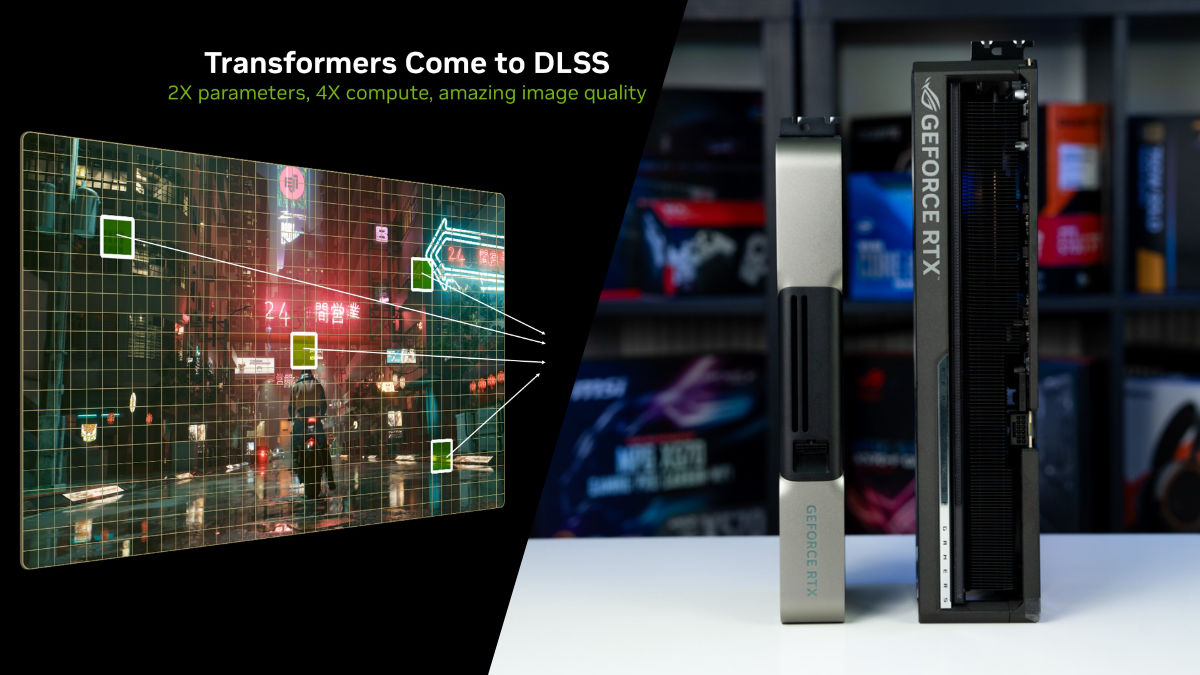 A split in half image between two seperate phoots. On the left is a transformers come to DLSS image from Nvidia showing a grid covering Cyberpunk 2077 screenshot with four seperate areas hihgligted in green. On the right are two RTX 5080 models standing on end upright.