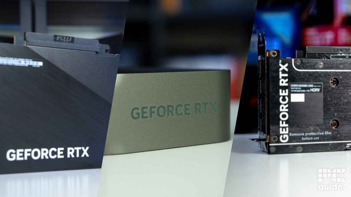 A split of three graphics card sitting on a table from three different images with angled splits between them. The first is an MSI GeForce RTX backplate, the second is a Nvidia Founder's Edition GeForce RTX side, and the last an ASUS Prime GeForce RTX backplate.