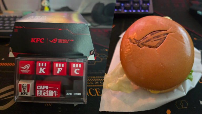A side by side shot of the KFC burger deal. On the left is the KFC ROG box with the keycaps you get featuring red ROG, K, F, C, white KFC logo, Red Caps lock, and black enter KFC ROG keycaps. On the right is the burger branded with the ROG logo on the top bun.