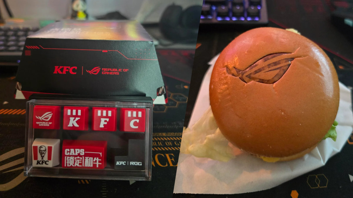 A side by side shot of the KFC burger deal. On the left is the KFC ROG box with the keycaps you get featuring red ROG, K, F, C, white KFC logo, Red Caps lock, and black enter KFC ROG keycaps. On the right is the burger branded with the ROG logo on the top bun.