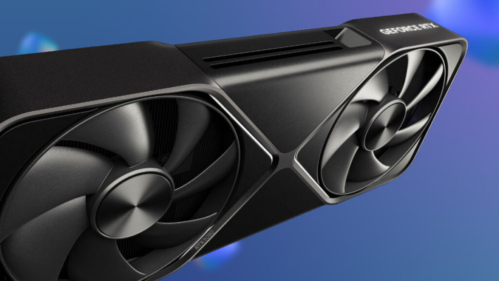 RTX 5090 graphics card with blue/purple backdrop