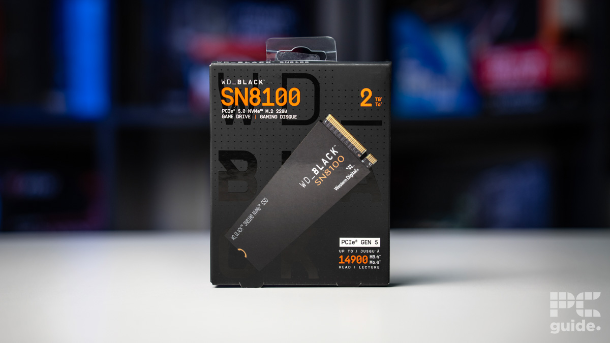 WD_Black SN8100 2TB NVMe SSD box standing on a table.