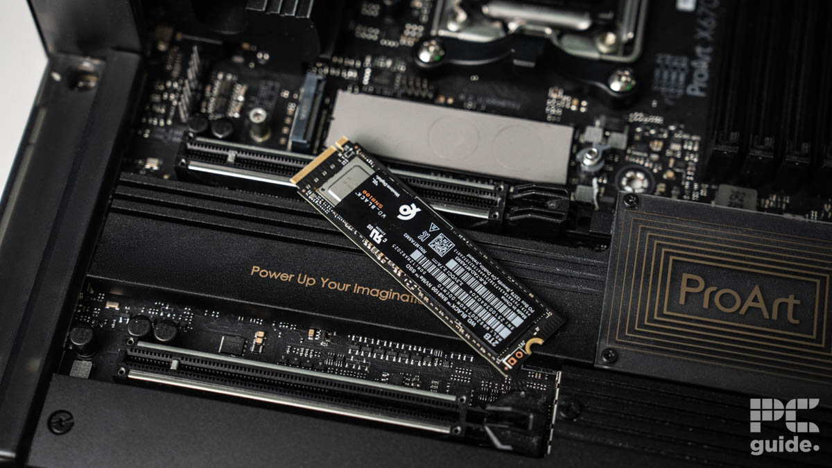 WD_Black SN8100 2TB NVMe SSD placed ona ProArt motherboard heatsink