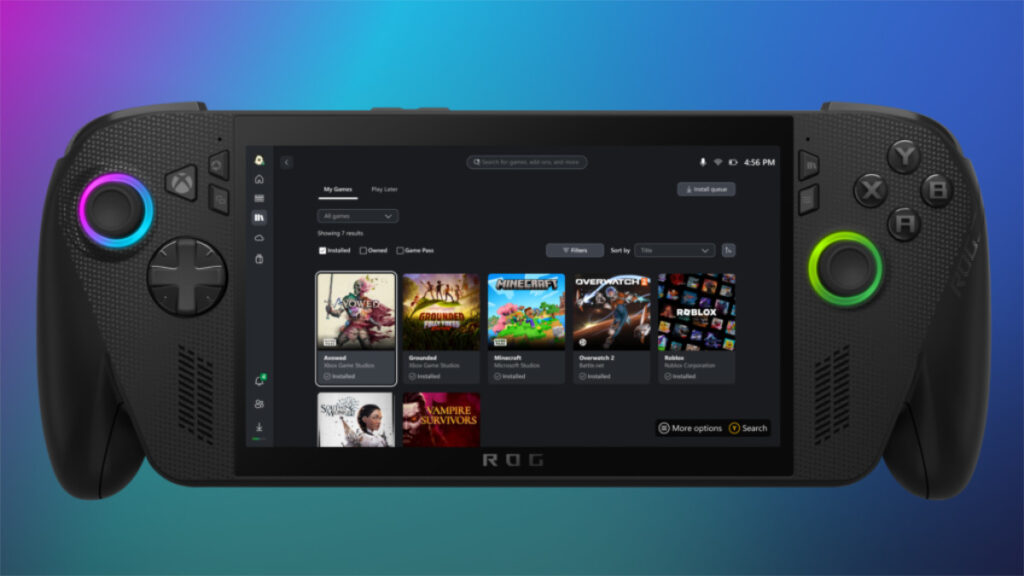 A purple to blue gradient background with an ROG Xbox Ally X in the foreground that shows the new Xbox App with a unified library
