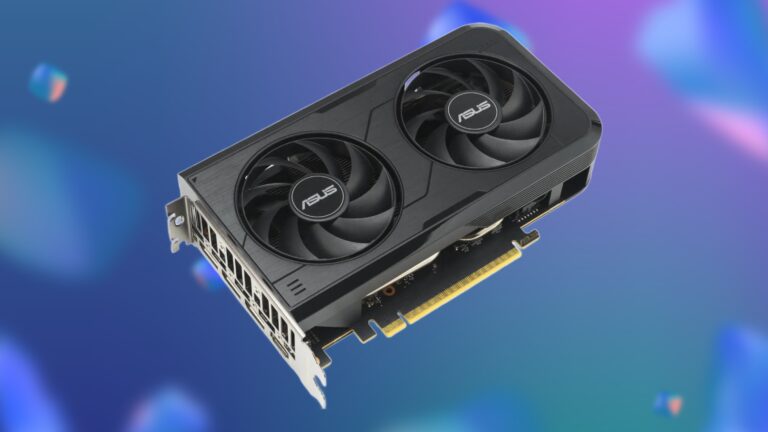 ASUS Dual RTX 5050 graphics card with blue/purple background