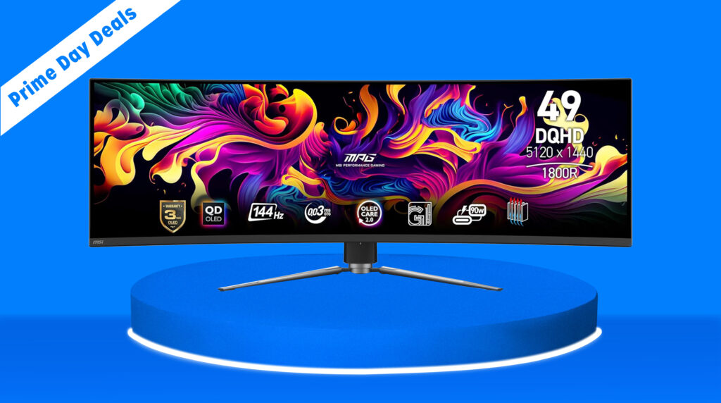 A blue background with a darker floor and pedestal. On it is the MSI MPG 491CQP ultrawide monitor, showing its specs and name on its screen in front of colorful waves. In the top left is a banner that reads Prime Day deals.