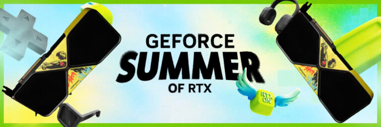 A banner that reads GeForce Summer of RTX in the middle. It has a blue and white sky-like background. It has the GPUs on either side.