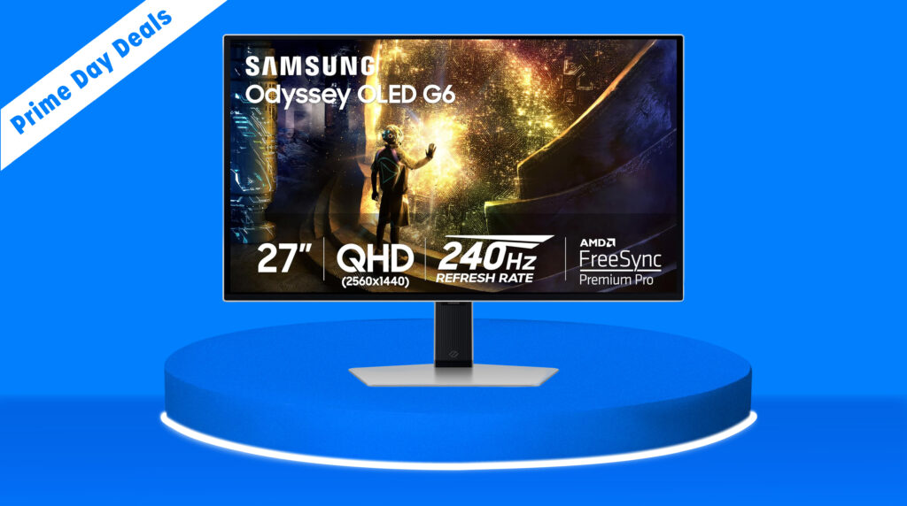 A blue background with a slightly sarker floor and pedestal. On top stands a Samsung Odyssey OLED G6 27-inch monitor. On its display it shows the specs and name, wiht a graphic of a person touching a portal. A banner in the top left reads Prime Day deals.
