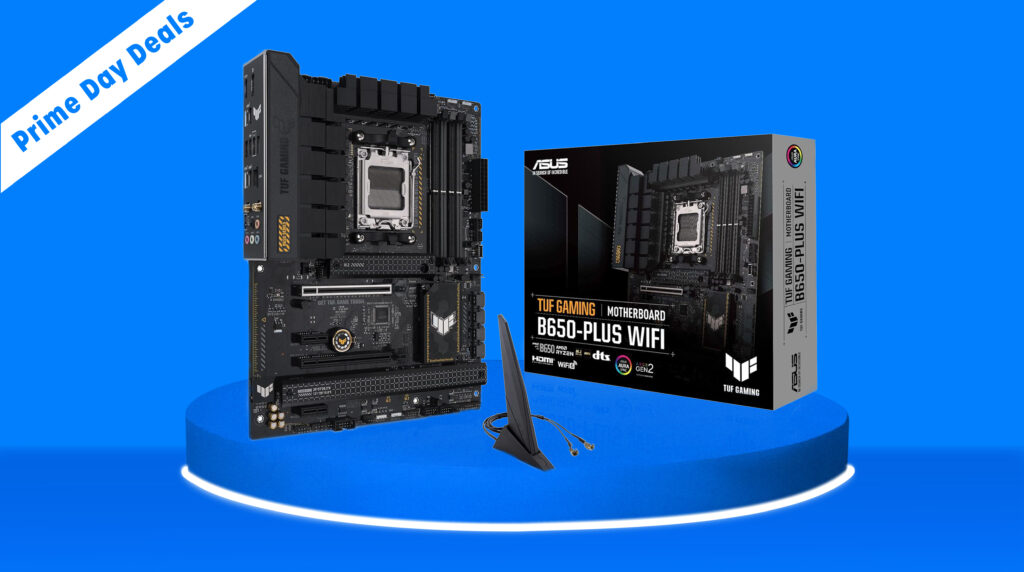 A blue background with a slightly darker floor and pedestal. On it sits a ASUS TUF GAMING B650-PLUS WIFI motherboard. It has the motherboard, box, and WiFi antenna on show. The banner it the top left reads Prime Day deals.