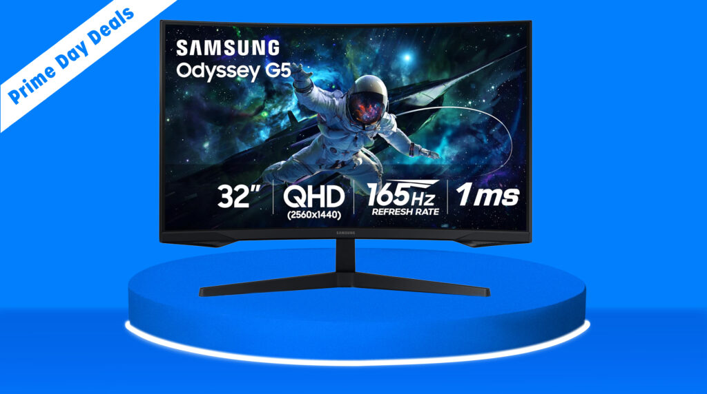 Blue background with a slightly darker floor and pedestal. On it stands a Samsung 32" Odyssey G55C monitor, which is a black one with two fett protruding out. On the display is the nam,e of the monitor and specs with an astronaut up in space in front of a spacship and blue nebula. In the top left is a banner that reads Prime Day deals.