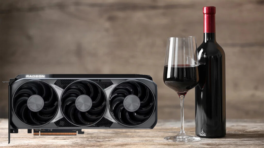 A brown table and background made of wood. On the right is a bottle of red wine with a glass half full of it. On the left an RX 9070 XT graphics card.