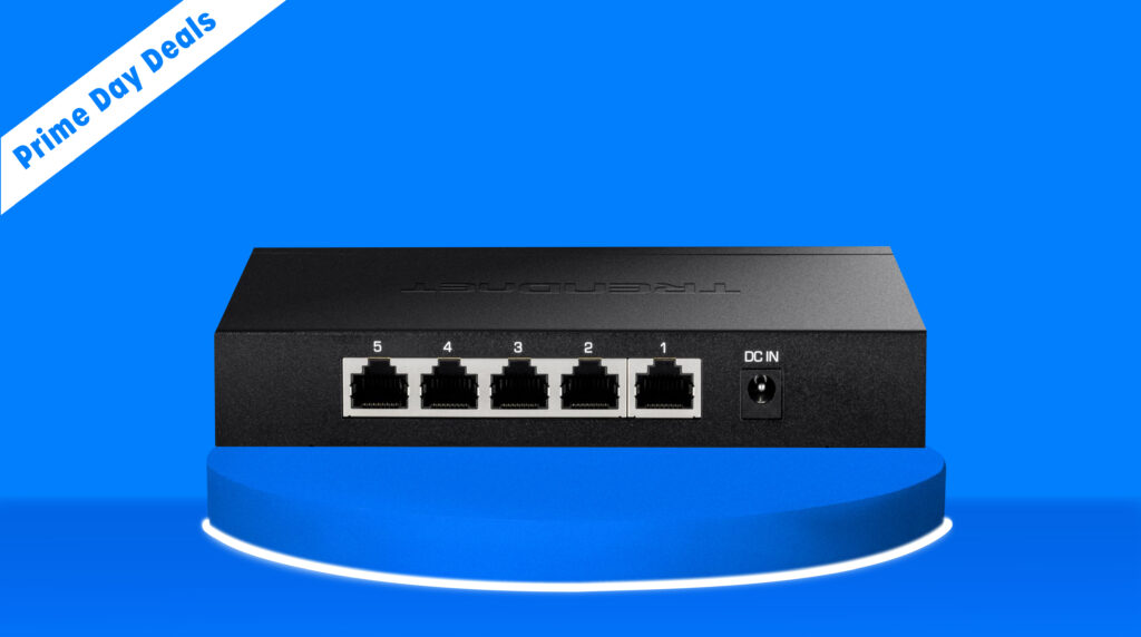 Blue background with a darker floor and pedestal in the center. On it sits a switch with 5 RJ45 ports and and a power barrel port. In the top left is a banner that reads Prime Day deals.