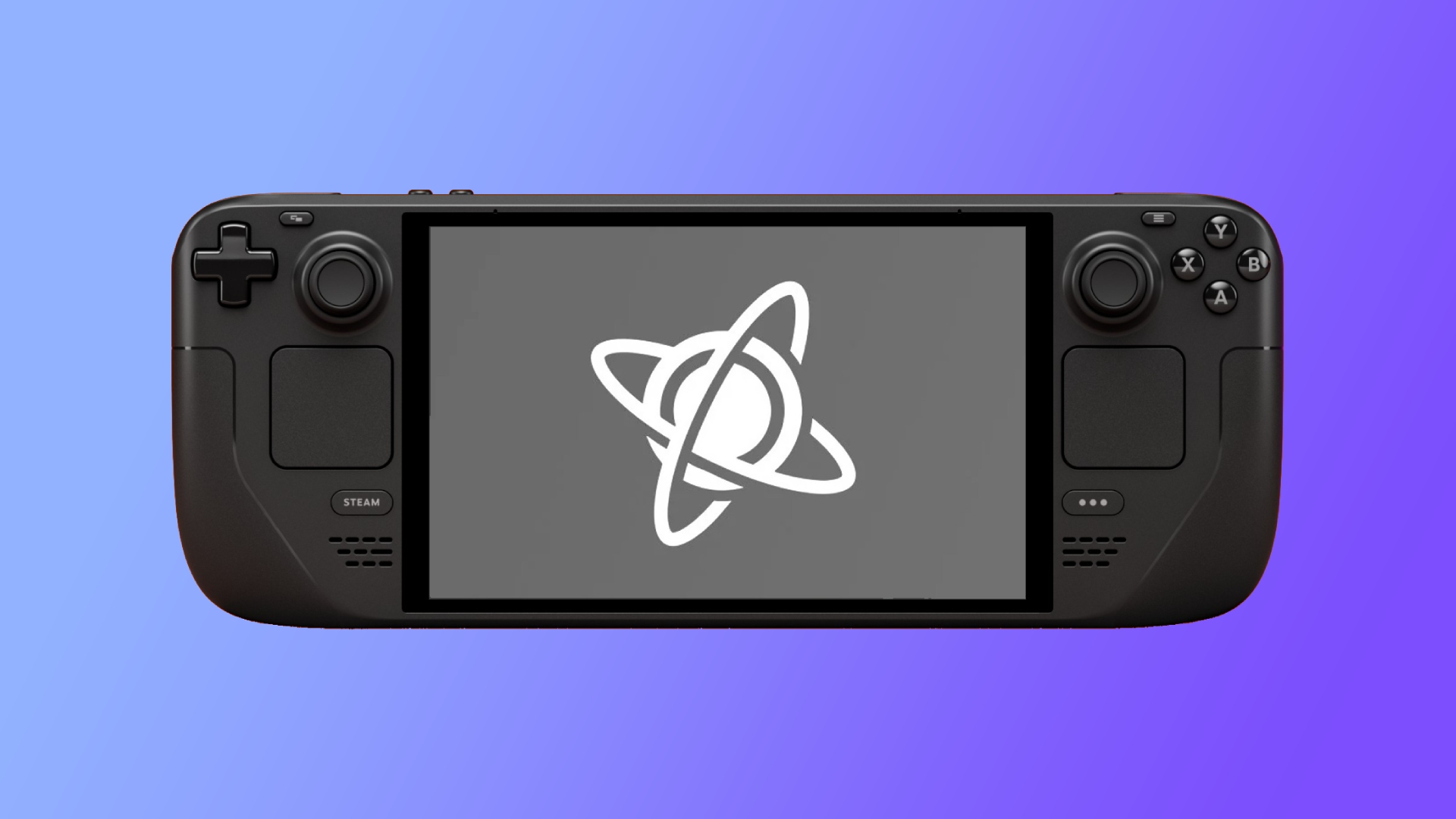 Steam Deck handheld with Proton logo