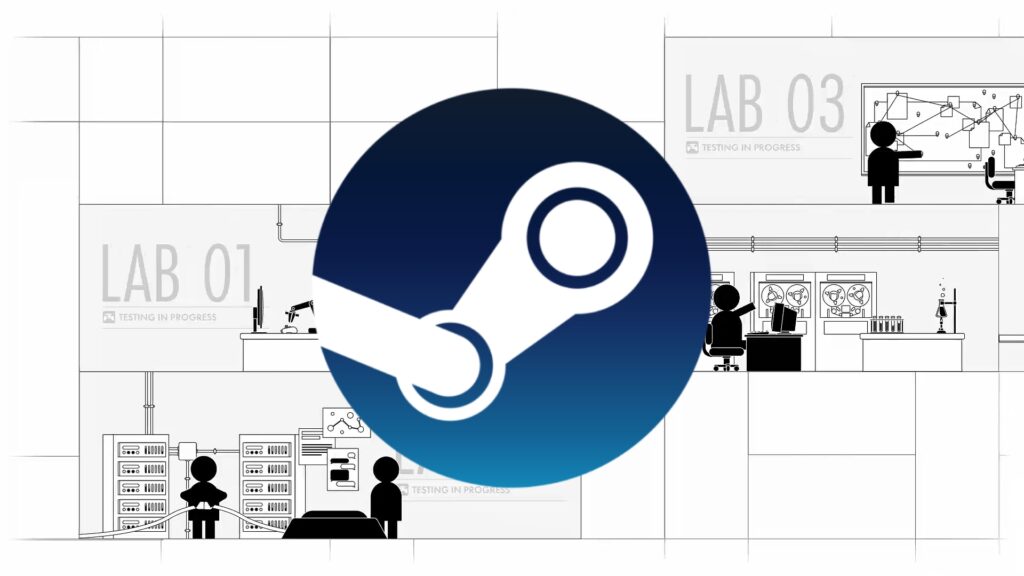 Steam logo with Steamworks lab background, credit: Valve