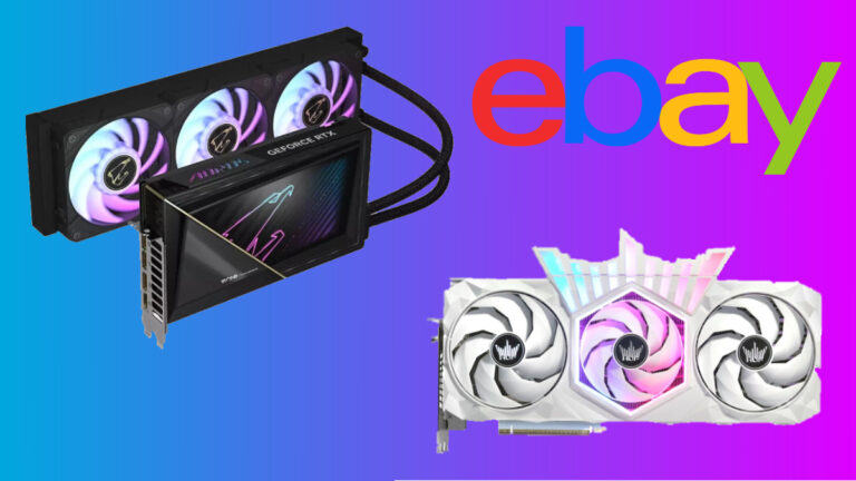 A blue to pink gradient background. In the top right is the ebay logo. In the top left is a Gigabyte AORUS GeForce RTX 5090 D 32GB XTREME WATERFORCE. in the bottom right is a GALAXY GeForce RTX 5090 D HOF OC LAB.