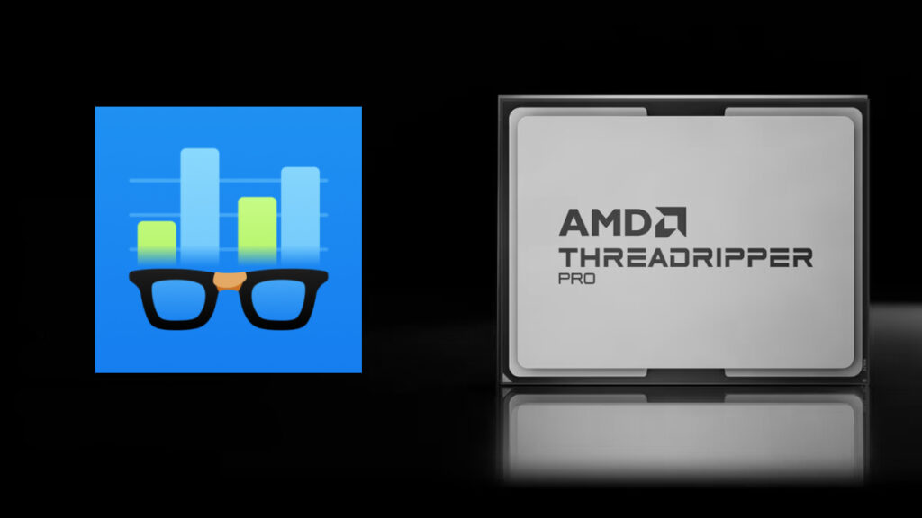 A black background with the Geekbench logo on the left. It is a blue square with a pari of taped up black glasses and a couple of bar charts above. On the right of the image is a long processor that reads AMD Threadripper Pro.