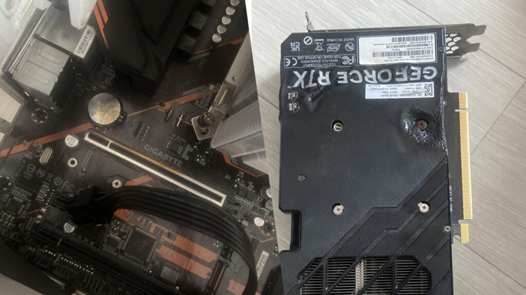 On the left is a Gigabyte motherboard showing a burnt PCIe X16 slot. On the right is a melted backplate of the RTX 4060 Ti.