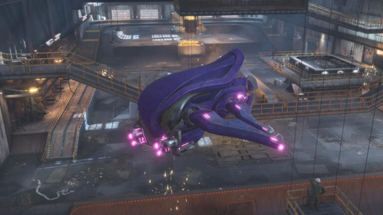 A banshee vehicle from the Halo series in the middle, with a background of one of the Tony Hawk 3 + 4 maps.