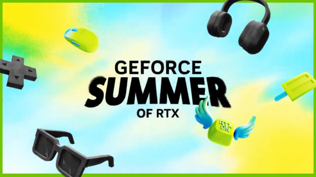 A blue and yellow background blend. In the front it reads GeForce Summer of RTX and has object floating around. It features headphones, ice lolly, keycap, sunglasses, dpad, and mouse.