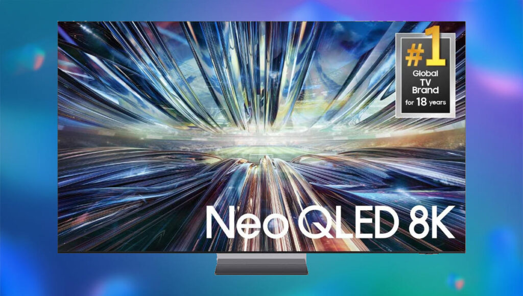Blue and purple bubble background. In the foreground is the Samsung TV with Neo QLED 8K written in the bottom right.