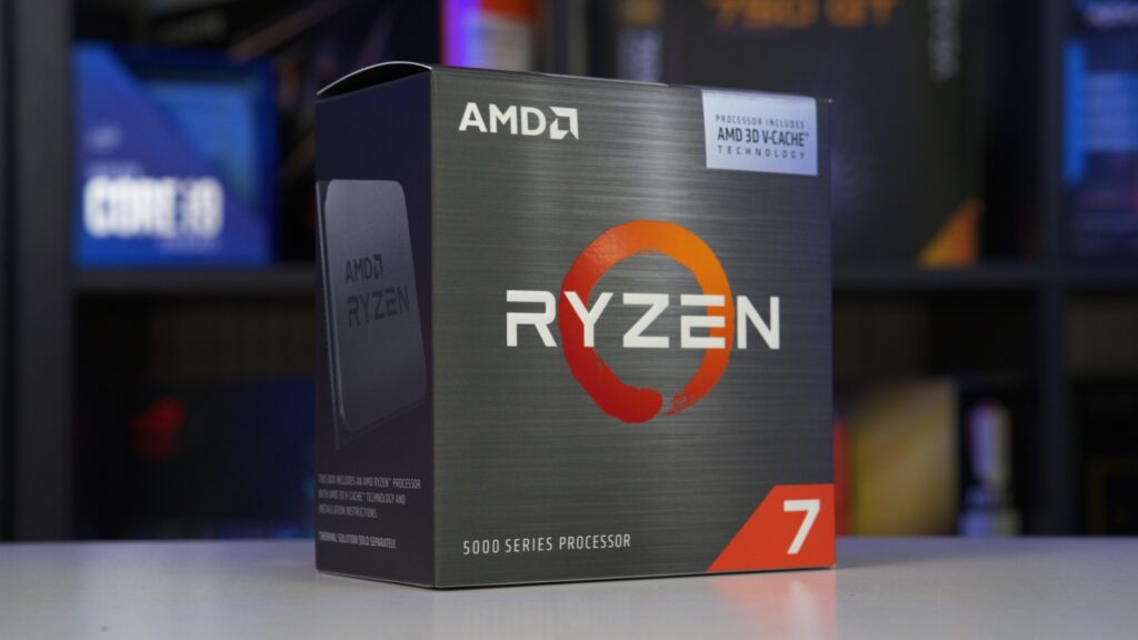 Product box for AMD Ryzen 7 5800X3D on table, image by PC Guide