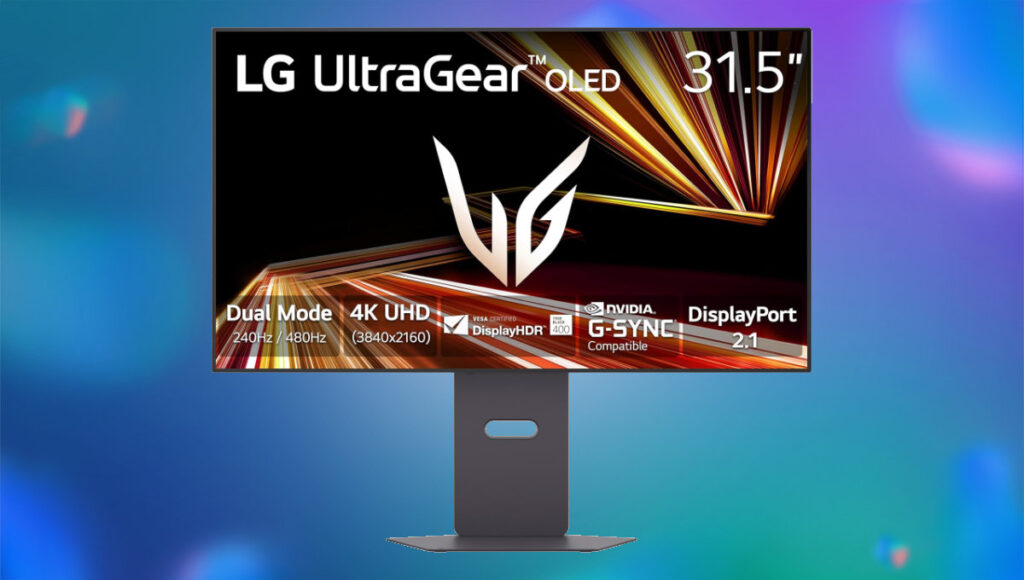 Blue and purple bubbly background. In the forgeround is a LG Ultragear OLED 31.5-inch monitor with its specs and logo on the screen.