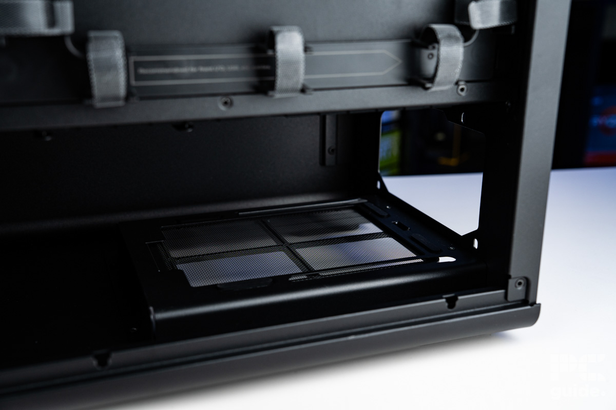 A close up of the back bottom of the HAVN BF 360 Flowcase. It shows the gap for the PSU and the dust filter in place.