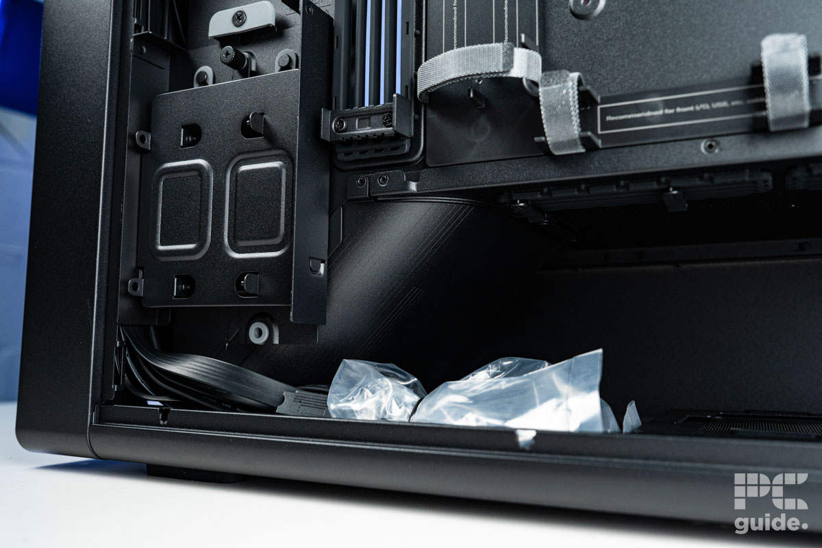 The front bottom of the left side of the HAVN BF 360 Flow case. It shwos the front panel connectors, bottom storage sled, and front fan air channel.