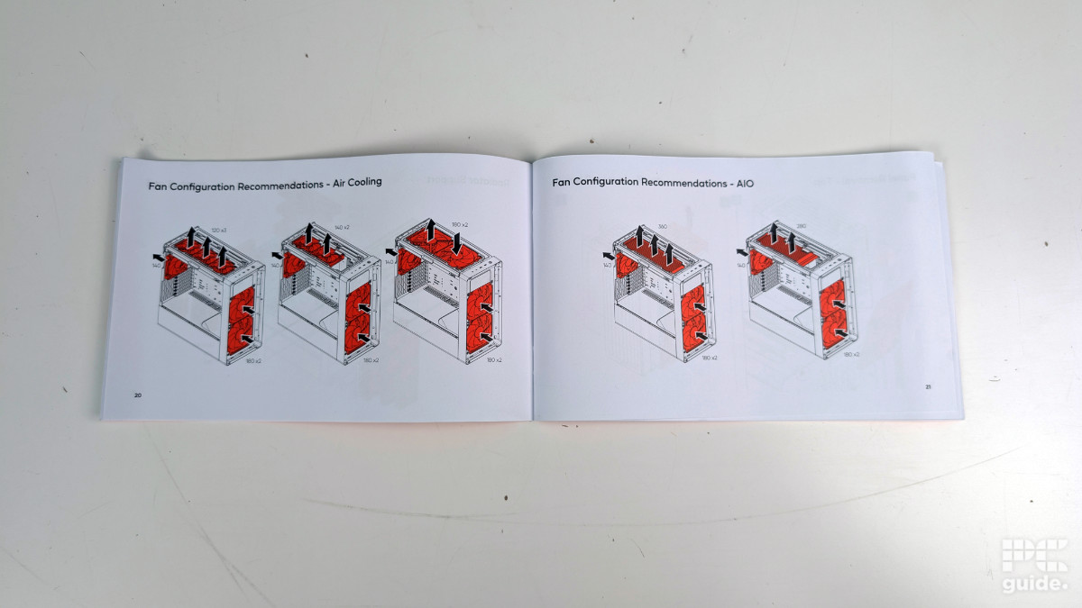 A booklet laying open on a white table. It shows the recommended fan configuration for air and AIO cooling in the case.