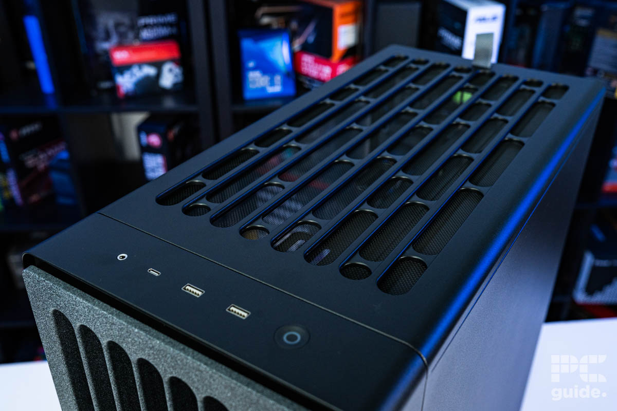 A shot of the HAVN BF 360 Flow top side at an angle showcasing the top of the front and the top cover mesh and front IO.