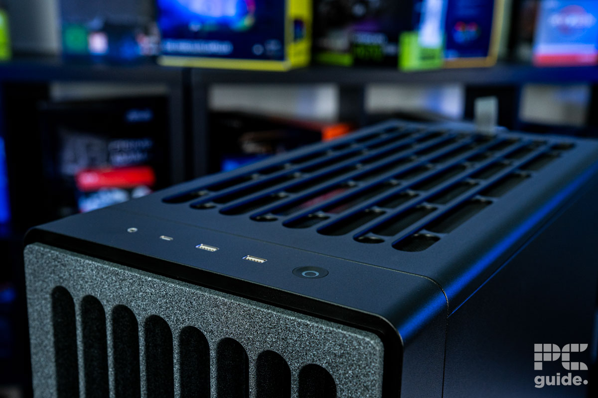 A shot of the HAVN BF 360 Flow top side at an angle showcasing the top of the front and the top cover mesh and front IO.