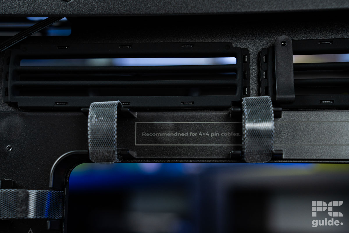 The top of the left open side showing the cable channel running acorss with a recommendation for 4+4 pin connectors.