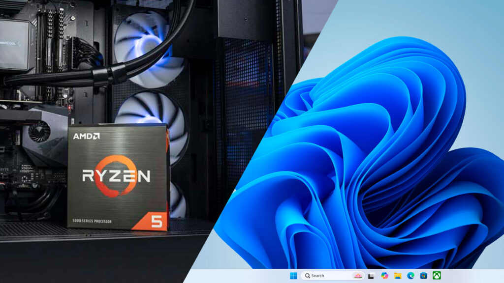 Ryzen 5 gaming PC with Windows 11 desktop splitscreen, credit: PC Guide / Microsoft