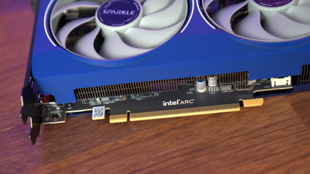 Sparkle Intel Arc B580 with logo on PCIE pins, image by PC Guide